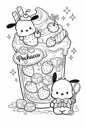 Pochacco bên ly kem dâu cao