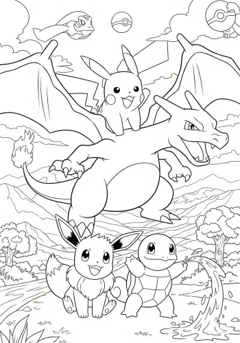 Hình tô màu pikachu, Charizard và các Pokémon trong rừng