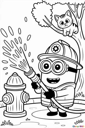 Mẫu tô màu minion lính cứu hoả xịt nước bên trụ cứu hoả