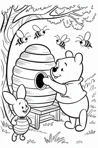 Tranh tô màu winnie the Pooh và Piglet bên tổ ong