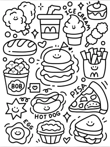 Hình tô màu đồ ăn nhanh vẽ kiểu hoạt hình: burger, kem, pizza