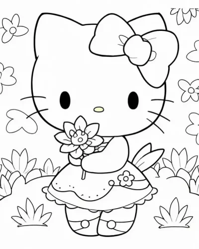 Hello Kitty cài hoa giữa vườn