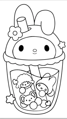 Mẫu tô màu my Melody trong ly trà sữa trân châu