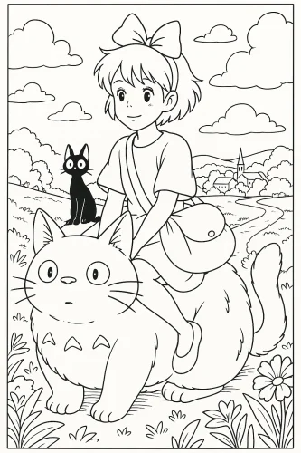 Tranh tô màu cô bé ngồi trên lưng Totoro giữa đồng cỏ