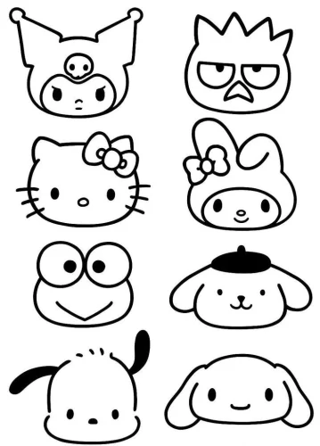 Mẫu tô màu mặt các nhân vật Sanrio: Kuromi, Kitty, My Melody, Pochacco