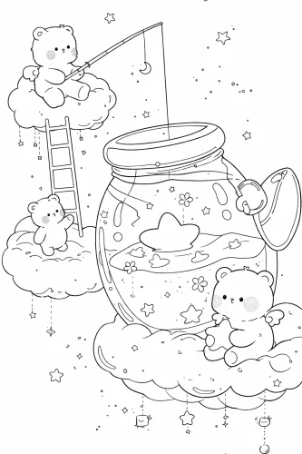 Mẫu tô màu gấu con câu cá trên đám mây trong hũ thuỷ tinh