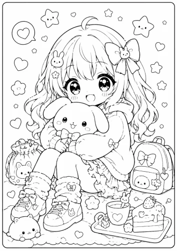Tranh tô màu cô bé chibi ôm cún giữa vườn hoa