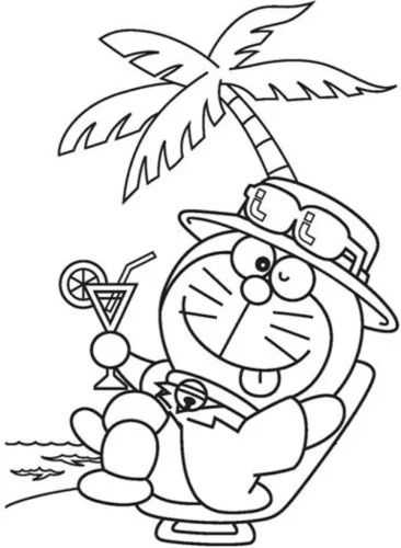 Hình tô màu doraemon nằm ghế dưới cây dừa