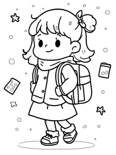 Bé gái chibi quàng khăn đeo cặp
