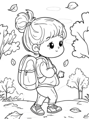 Hình tô màu bé gái đeo ba lô dạo chơi trong rừng