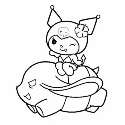 Kuromi ngồi trên lưng Cinnamoroll