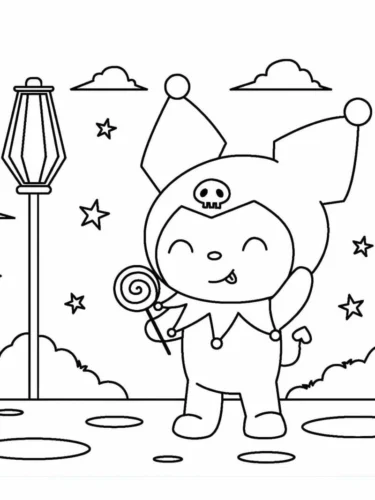 Kuromi cầm kẹo mút bên cột đèn