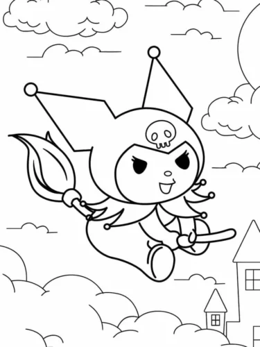 Kuromi phù thuỷ cưỡi chổi trên mây