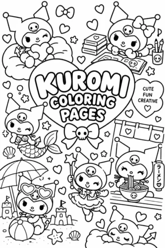 Bìa trang tô màu Kuromi nhiều hình nhỏ