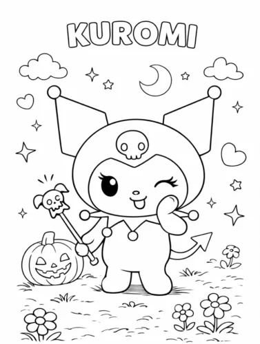 Kuromi cầm gậy phép dưới chữ Kuromi