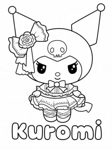 Kuromi cài hoa hồng dưới chữ Kuromi