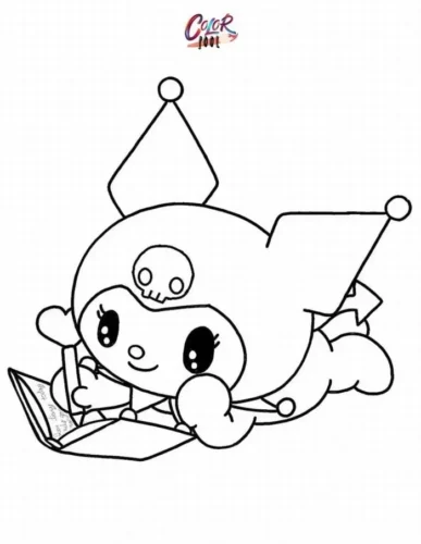 Mẫu tô màu kuromi nằm sấp đọc sách