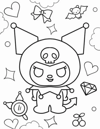 Hình tô màu kuromi giữa kim cương và trái tim