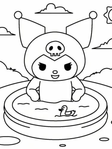 Tranh tô màu kuromi ngồi trong bể bơi phao