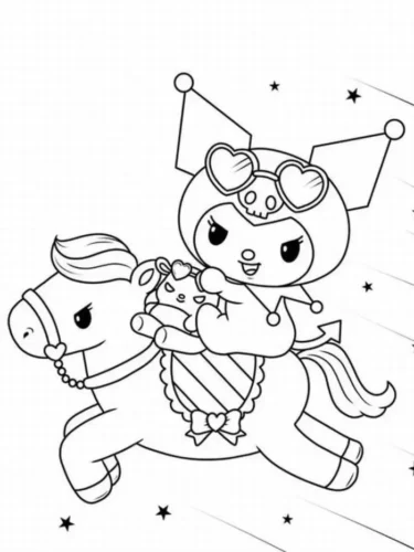 Tranh tô màu kuromi cưỡi ngựa gỗ