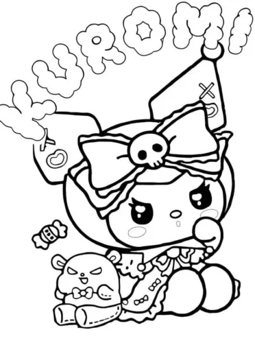 Hình tô màu kuromi thắt nơ dưới chữ Kuromi