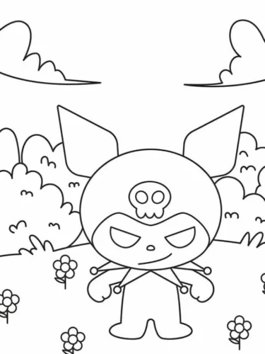 Mẫu tô màu kuromi đứng giữa bụi cây, nét đậm