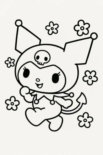 Hình tô màu kuromi giữa những bông hoa