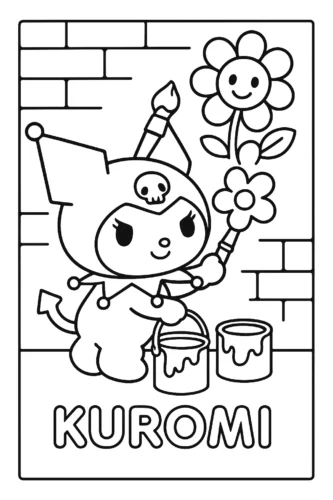 Hình tô màu kuromi tưới hoa bên tường gạch