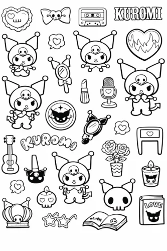 Hình tô màu trang sticker Kuromi nhiều đồ vật