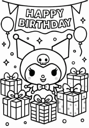Mẫu tô màu kuromi bên hộp quà dưới chữ Happy Birthday