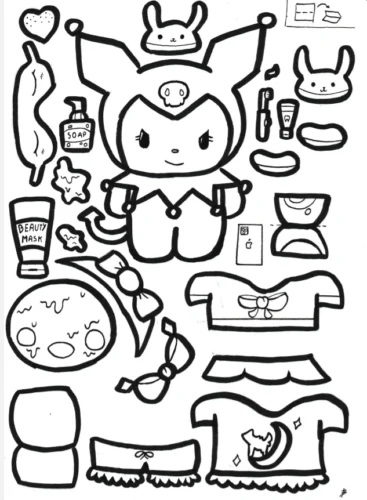 Hình tô màu trang thay đồ búp bê giấy Kuromi