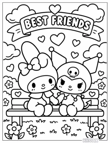 Hình tô màu kuromi và My Melody dưới chữ Best Friends