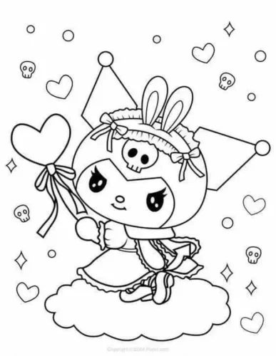Mẫu tô màu kuromi cầm kẹo mút giữa mây