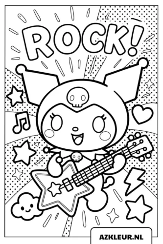 Mẫu tô màu kuromi chơi guitar dưới chữ Rock