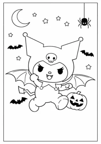 Tranh tô màu kuromi có cánh dơi giữa Halloween