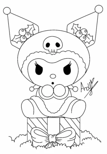 Hình tô màu kuromi ngồi trên bông hoa có nơ