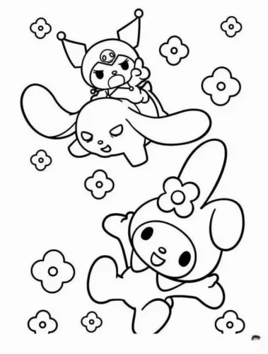 Kuromi và My Melody giữa hoa