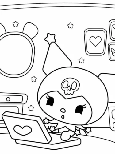 Kuromi dùng laptop trong phòng