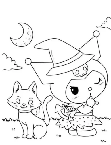 Kuromi phù thuỷ cùng mèo đen dưới trăng
