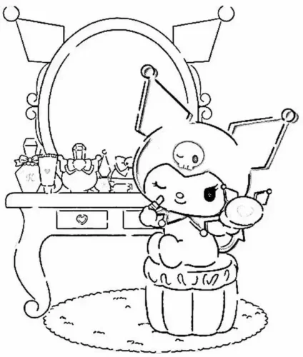 Kuromi ngồi trước bàn trang điểm