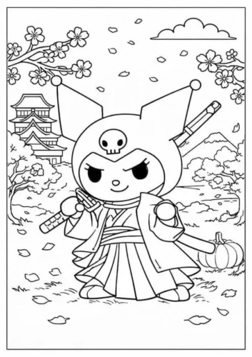 Kuromi mặc kimono dưới cây hoa