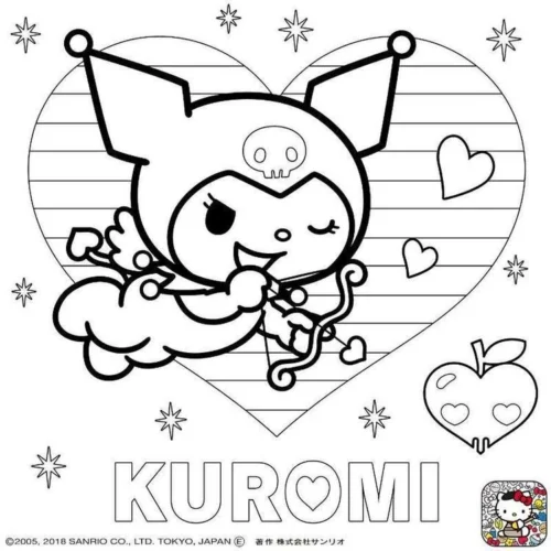 Kuromi bay trong khung tim dưới chữ Kuromi