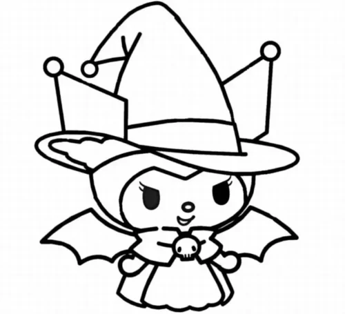 Tranh tô màu kuromi phù thuỷ đội nón, có cánh dơi