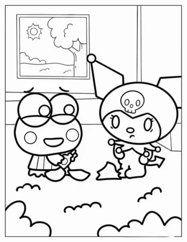 Mẫu tô màu kuromi và Keroppi bên cửa sổ