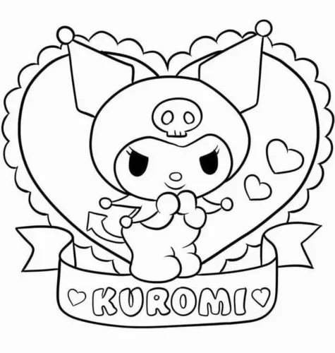 Tranh tô màu kuromi trong khung trái tim có chữ Kuromi