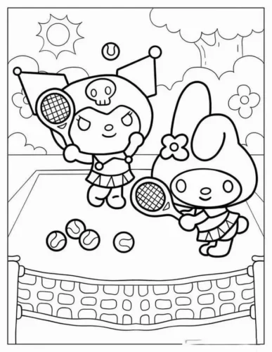 Hình tô màu kuromi và My Melody chơi tennis