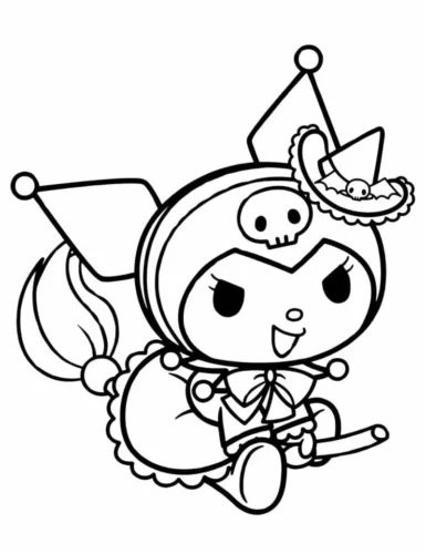 Mẫu tô màu kuromi phù thuỷ cưỡi chổi có nơ