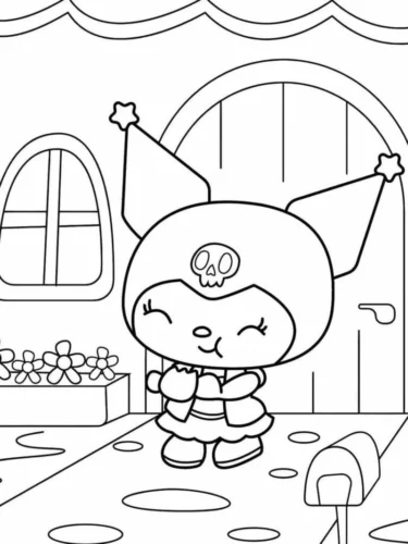 Hình tô màu kuromi đứng trước cửa nhà