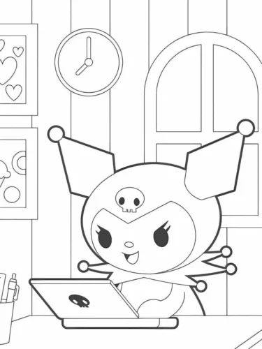 Mẫu tô màu kuromi dùng laptop bên đồng hồ