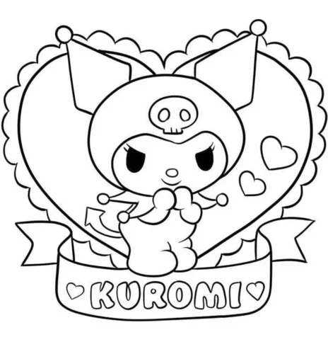 Tranh tô màu kuromi trong khung tim có chữ Kuromi